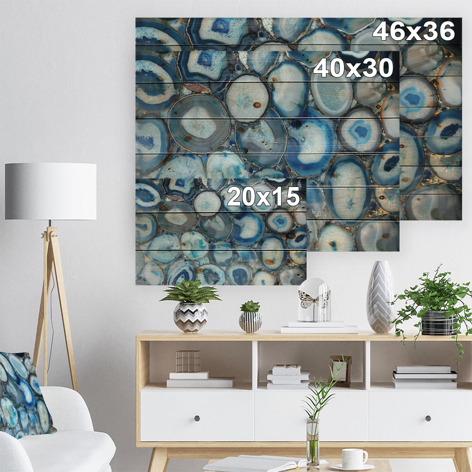Unusual stone decorative blue turquoise -Stone Print on Natural Pine Wood