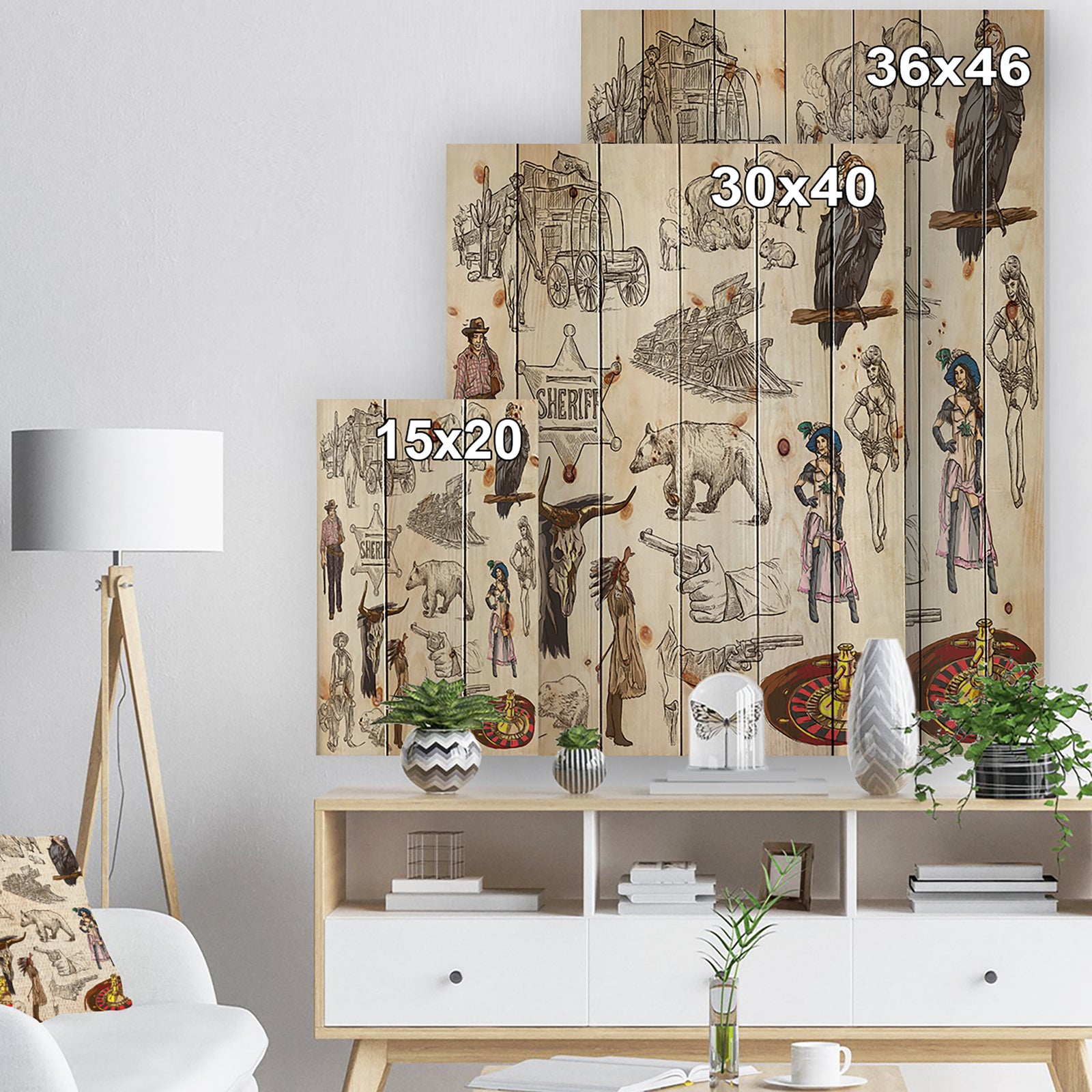 Indians and Wild West An hand drawn pack - Strech Sketch Print on Natural Pine Wood