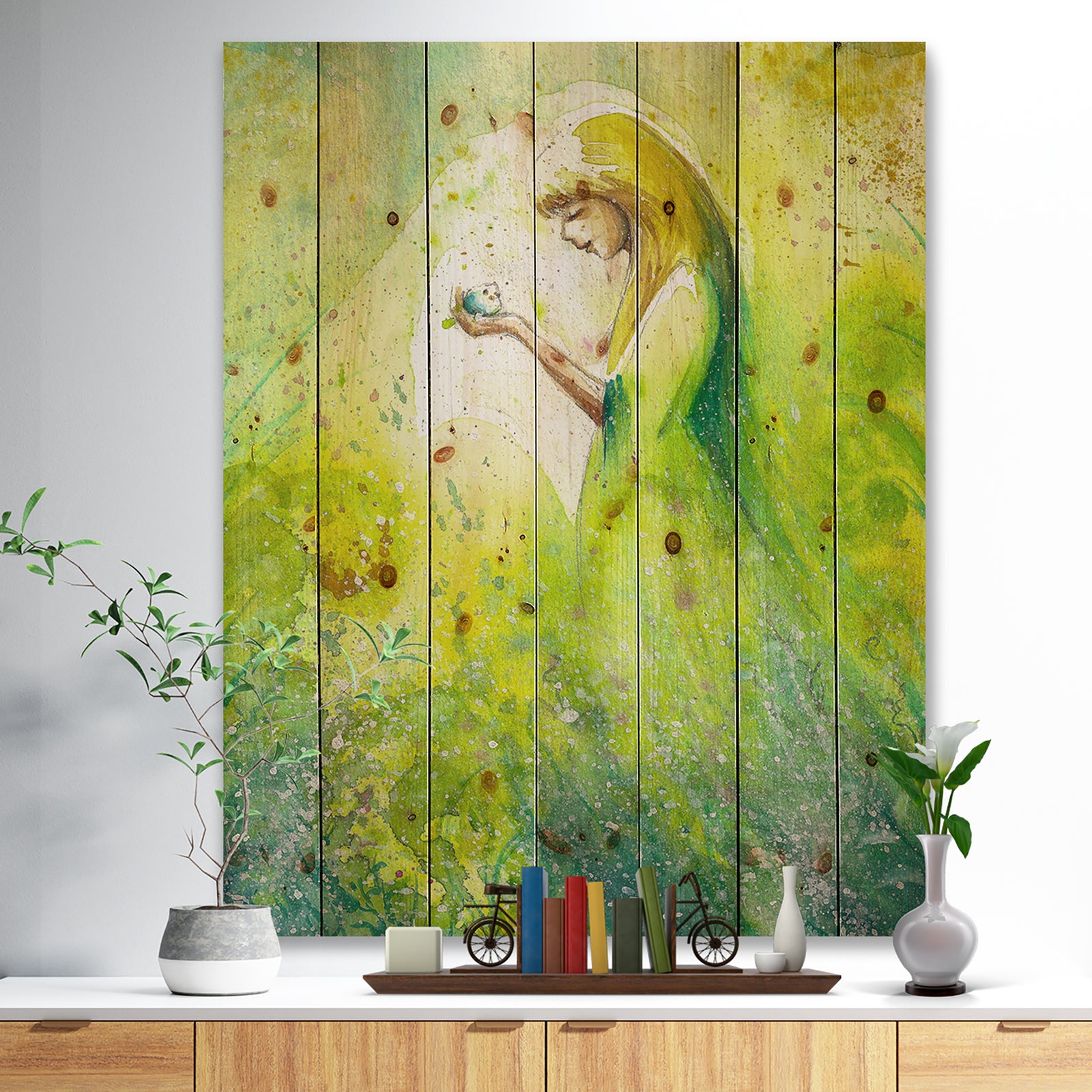 Spring Woman - Illustration Painting Print on Natural Pine Wood