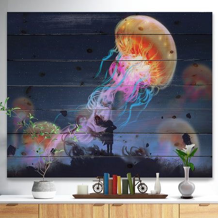 Floating Giant Jelly Fish - Animals Painting Print on Natural Pine Wood