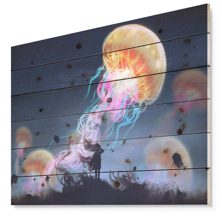 Floating Giant Jelly Fish - Animals Painting Print on Natural Pine Wood