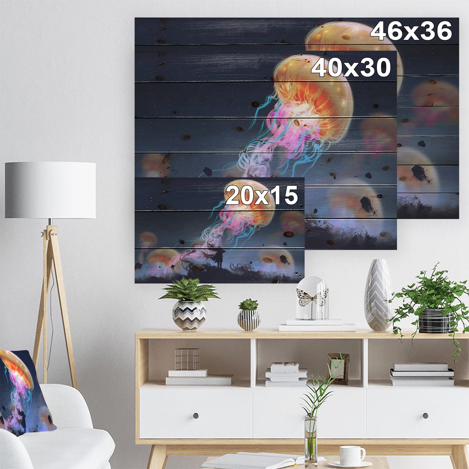 Floating Giant Jelly Fish - Animals Painting Print on Natural Pine Wood