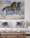 Horses running in winter - Farmhouse Animals Print on Natural Pine Wood