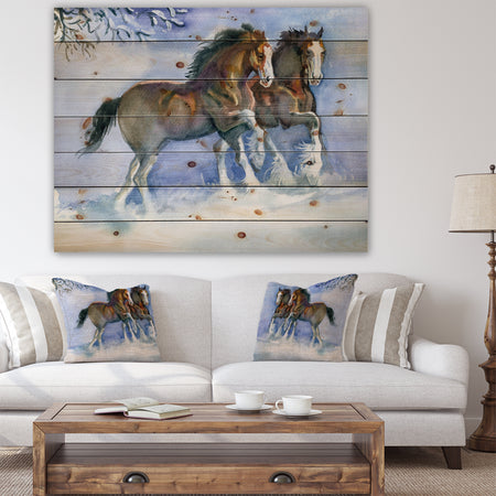 Horses running in winter - Farmhouse Animals Print on Natural Pine Wood