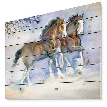 Horses running in winter - Farmhouse Animals Print on Natural Pine Wood