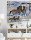 Horses running in winter - Farmhouse Animals Print on Natural Pine Wood