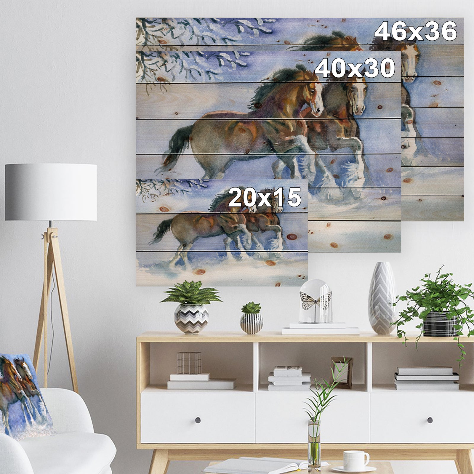 Horses running in winter - Farmhouse Animals Print on Natural Pine Wood