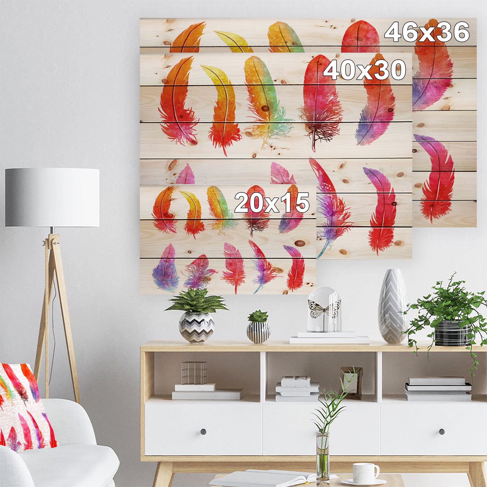 Bright Colorful Feather Set - Animals Painting Print on Natural Pine Wood