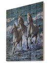 Three Horses Running in Seaside - Farmhouse Animal Painting Print on Natural Pine Wood