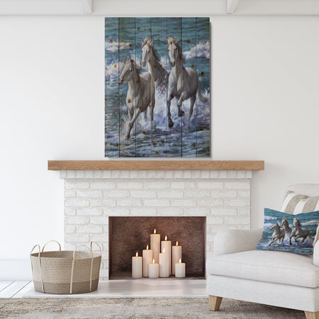 Three Horses Running in Seaside - Farmhouse Animal Painting Print on Natural Pine Wood