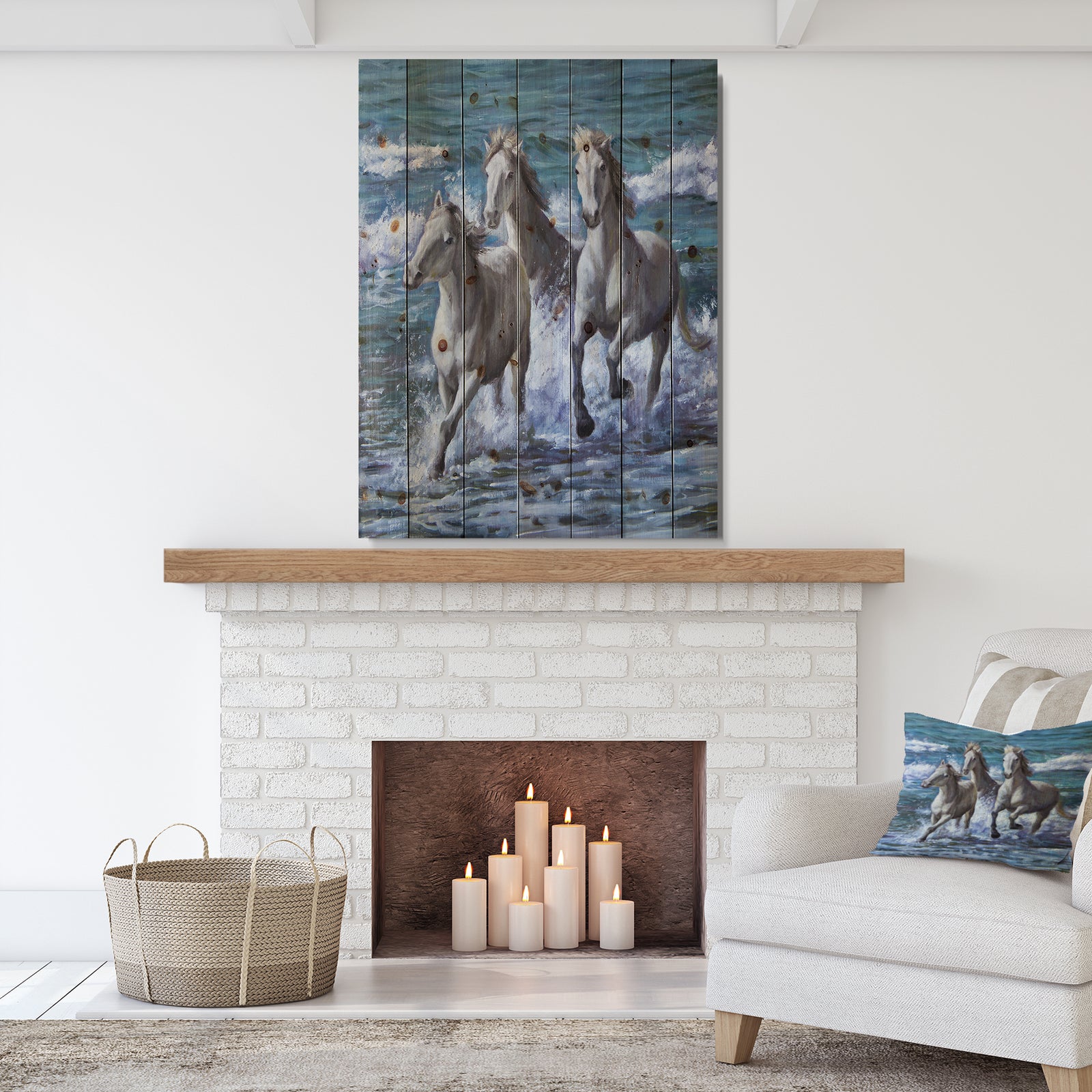 Three Horses Running in Seaside - Farmhouse Animal Painting Print on Natural Pine Wood