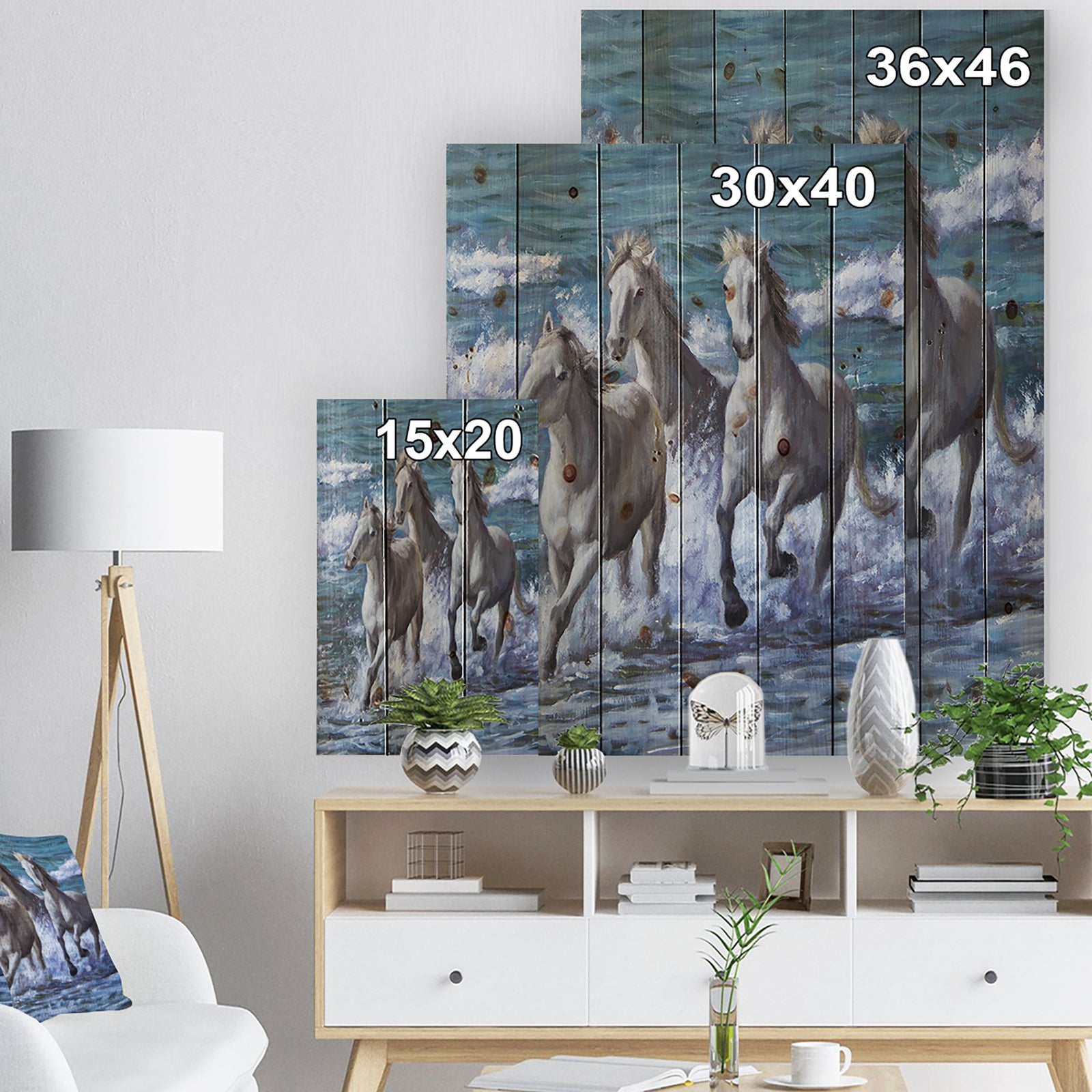 Three Horses Running in Seaside - Farmhouse Animal Painting Print on Natural Pine Wood