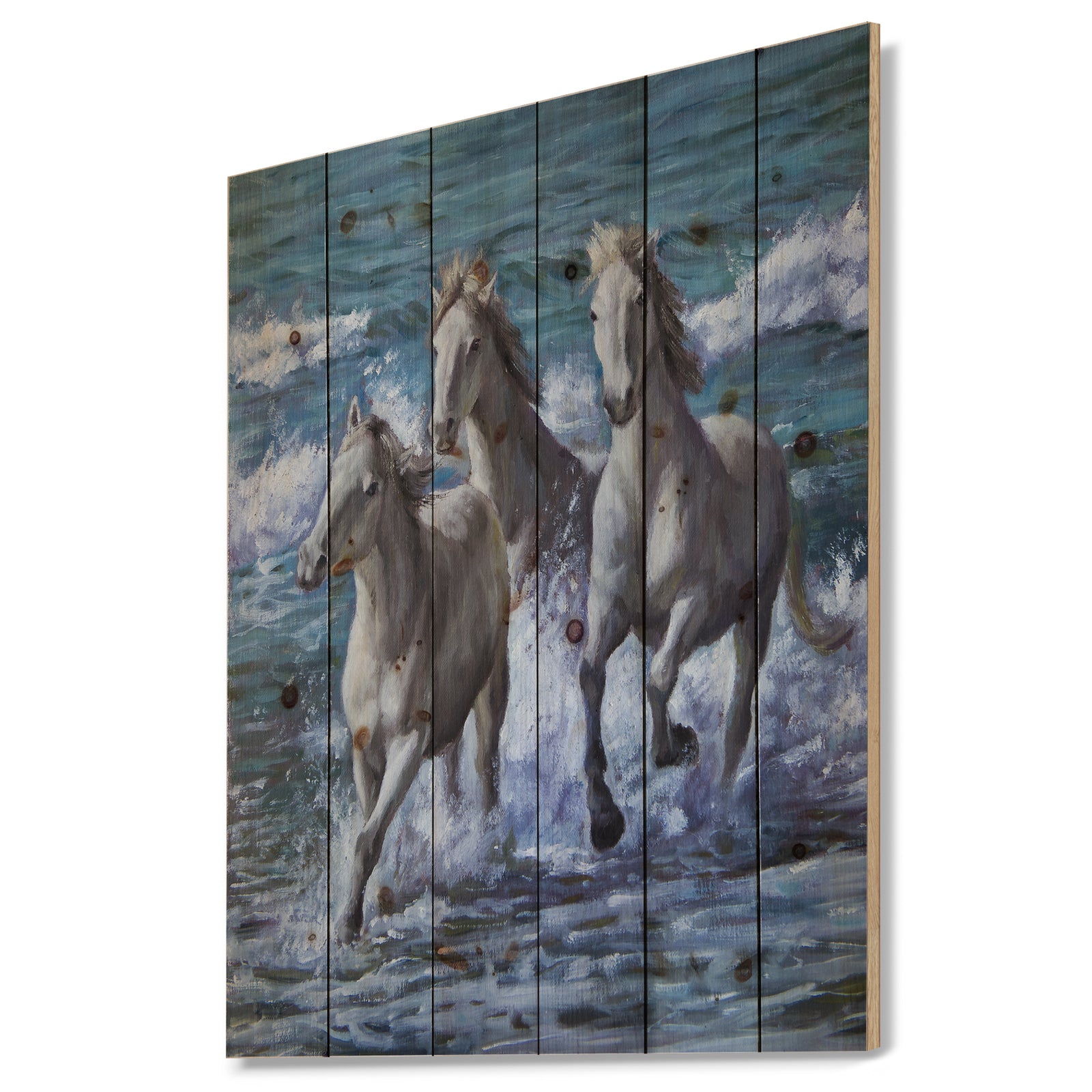 Three Horses Running in Seaside - Farmhouse Animal Painting Print on Natural Pine Wood