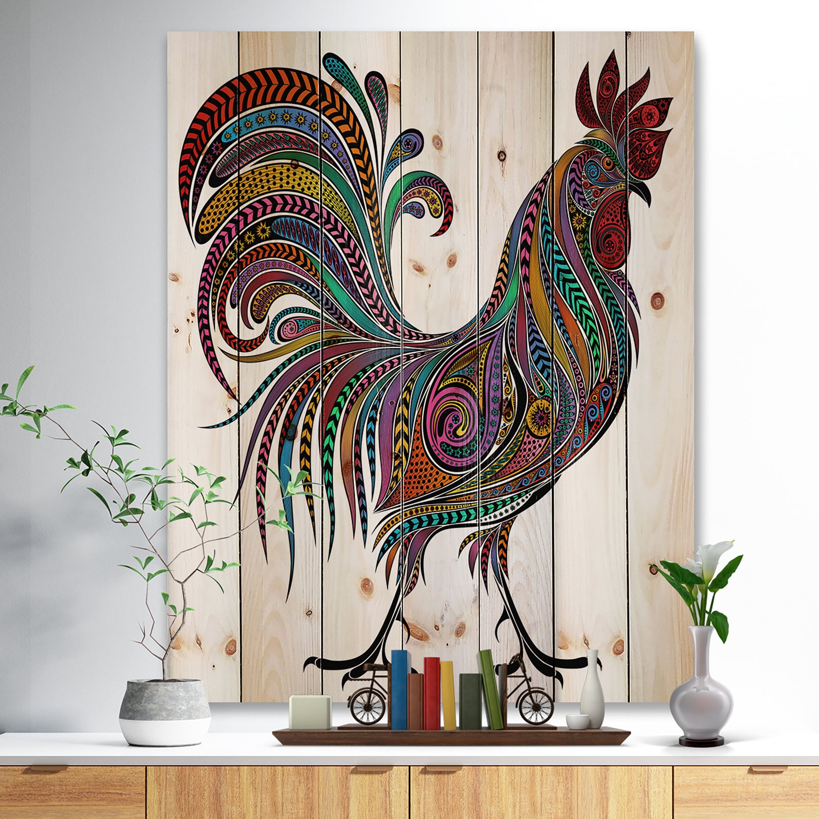 2017 Colored Patterns Rooster - Farmhouse Animal Painting Print on Natural Pine Wood