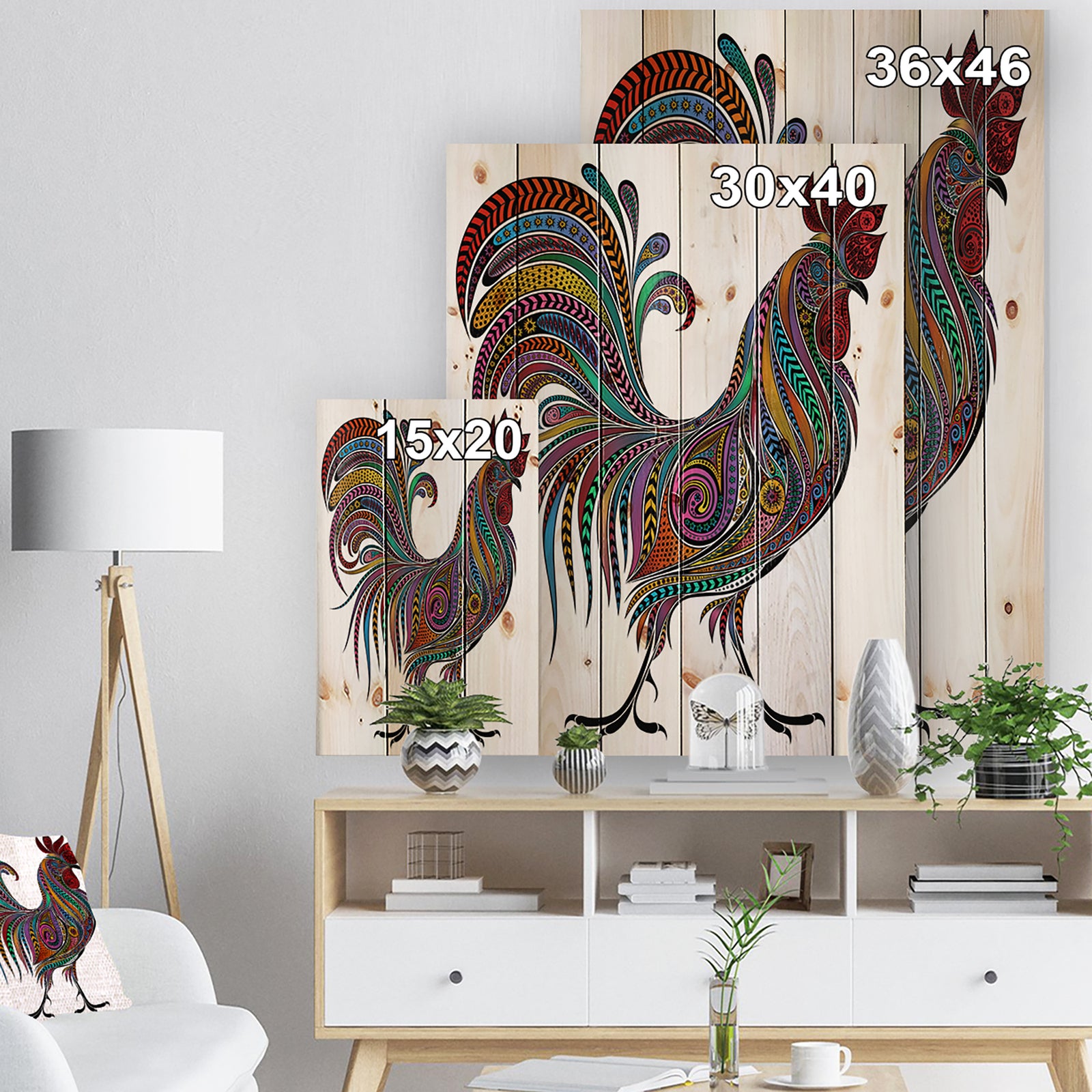 2017 Colored Patterns Rooster - Farmhouse Animal Painting Print on Natural Pine Wood