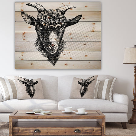 Black Goat - Farmhouse Animal Painting Print on Natural Pine Wood