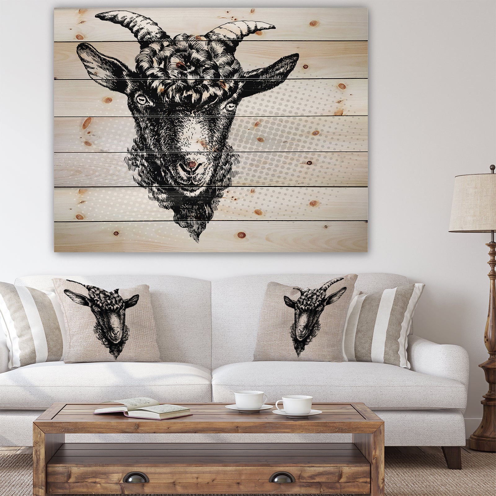 Black Goat - Farmhouse Animal Painting Print on Natural Pine Wood