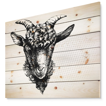 Black Goat - Farmhouse Animal Painting Print on Natural Pine Wood