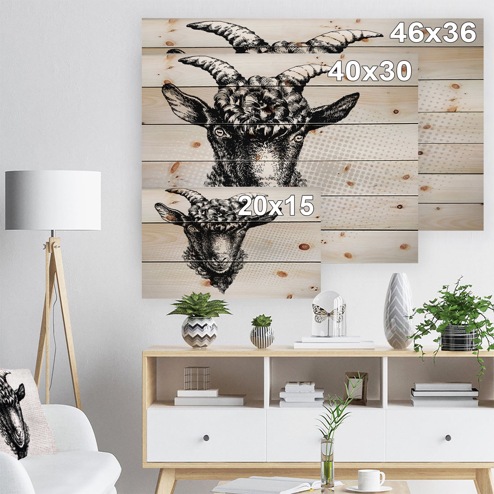 Black Goat - Farmhouse Animal Painting Print on Natural Pine Wood
