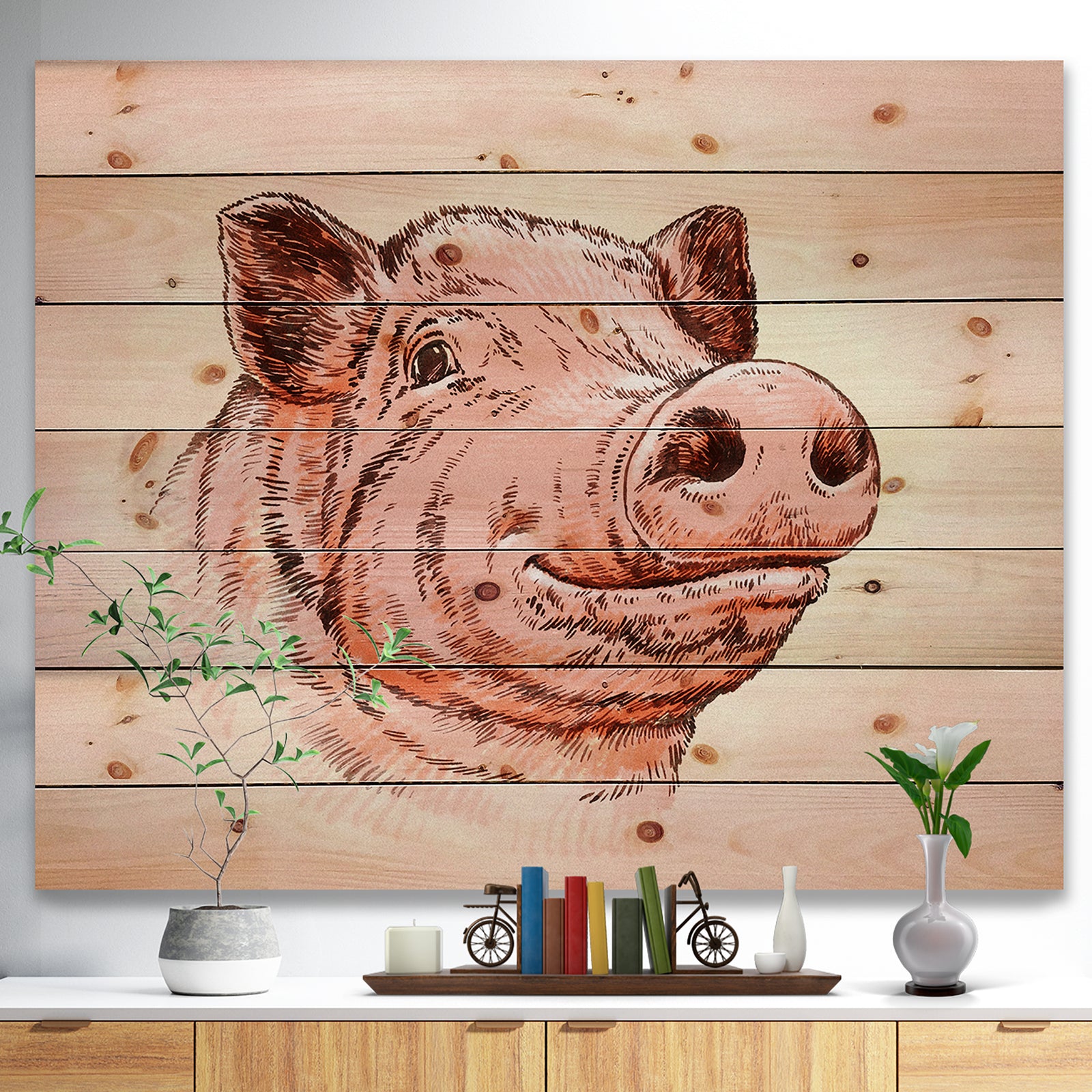 Pig Portrait in Brush Painting - Farmhouse Animal Painting Print on Natural Pine Wood