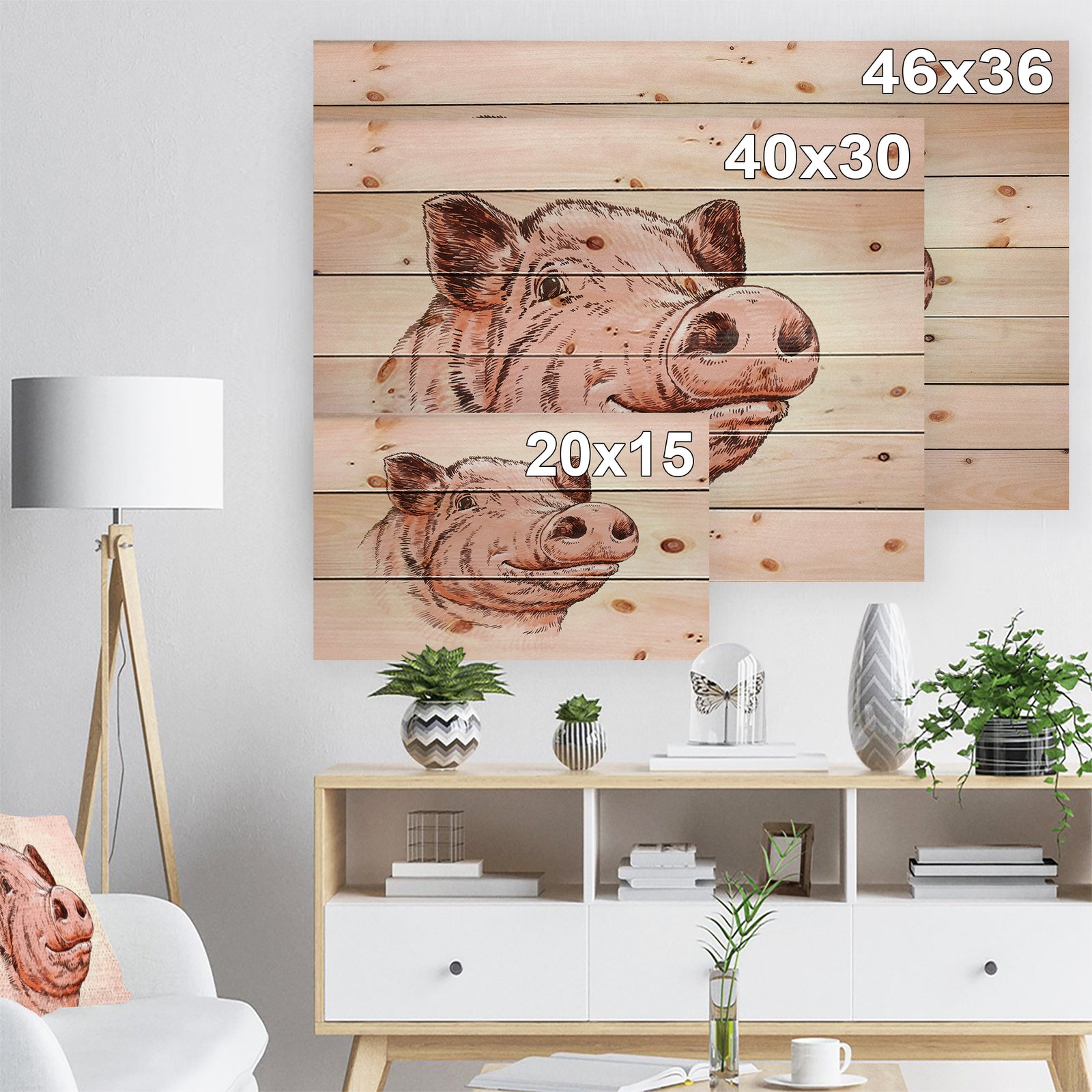 Pig Portrait in Brush Painting - Farmhouse Animal Painting Print on Natural Pine Wood