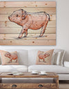 Happy Pig Portrait in Brush Painting - Farmhouse Animal Painting Print on Natural Pine Wood