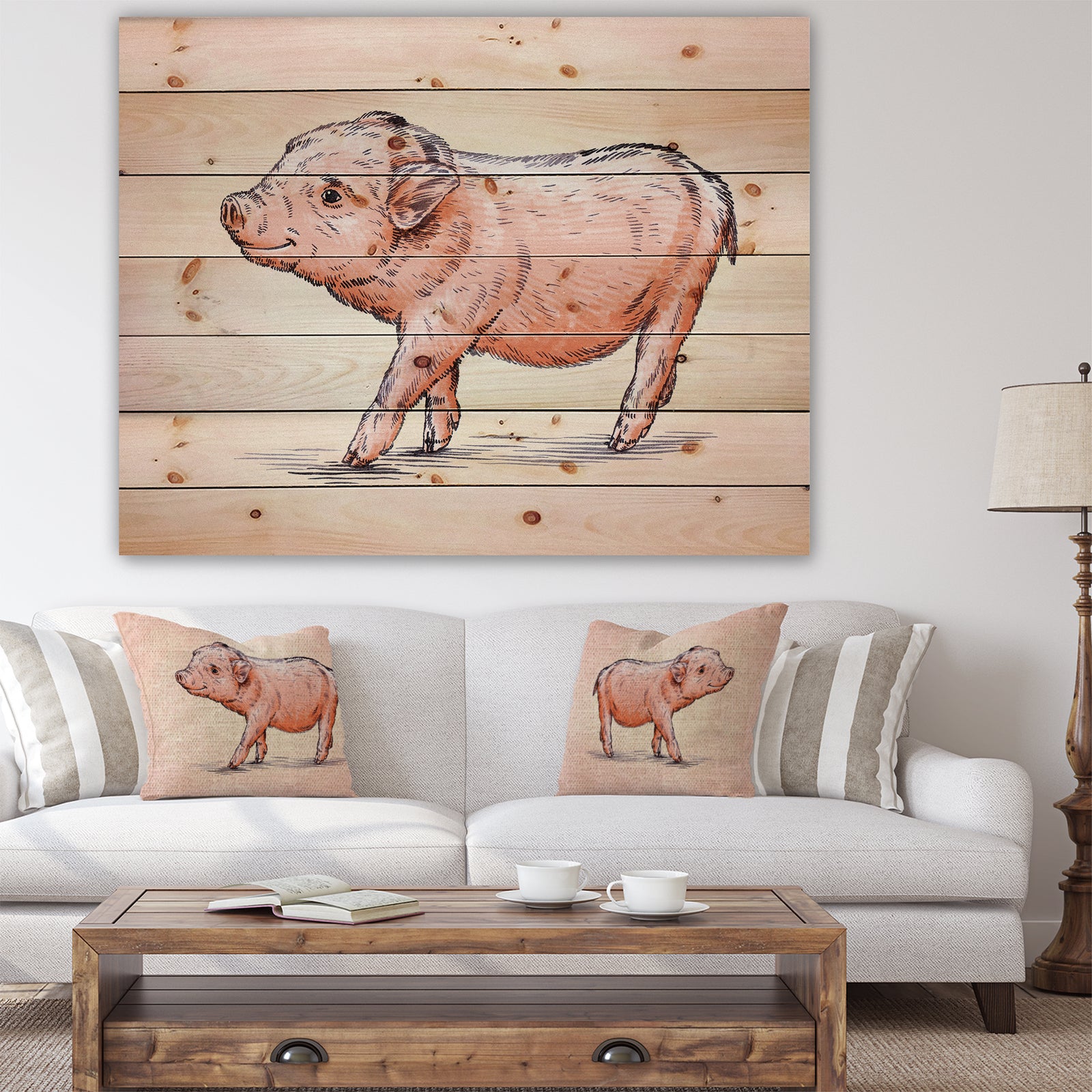 Happy Pig Portrait in Brush Painting - Farmhouse Animal Painting Print on Natural Pine Wood