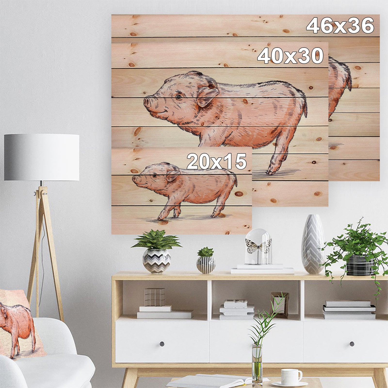 Happy Pig Portrait in Brush Painting - Farmhouse Animal Painting Print on Natural Pine Wood