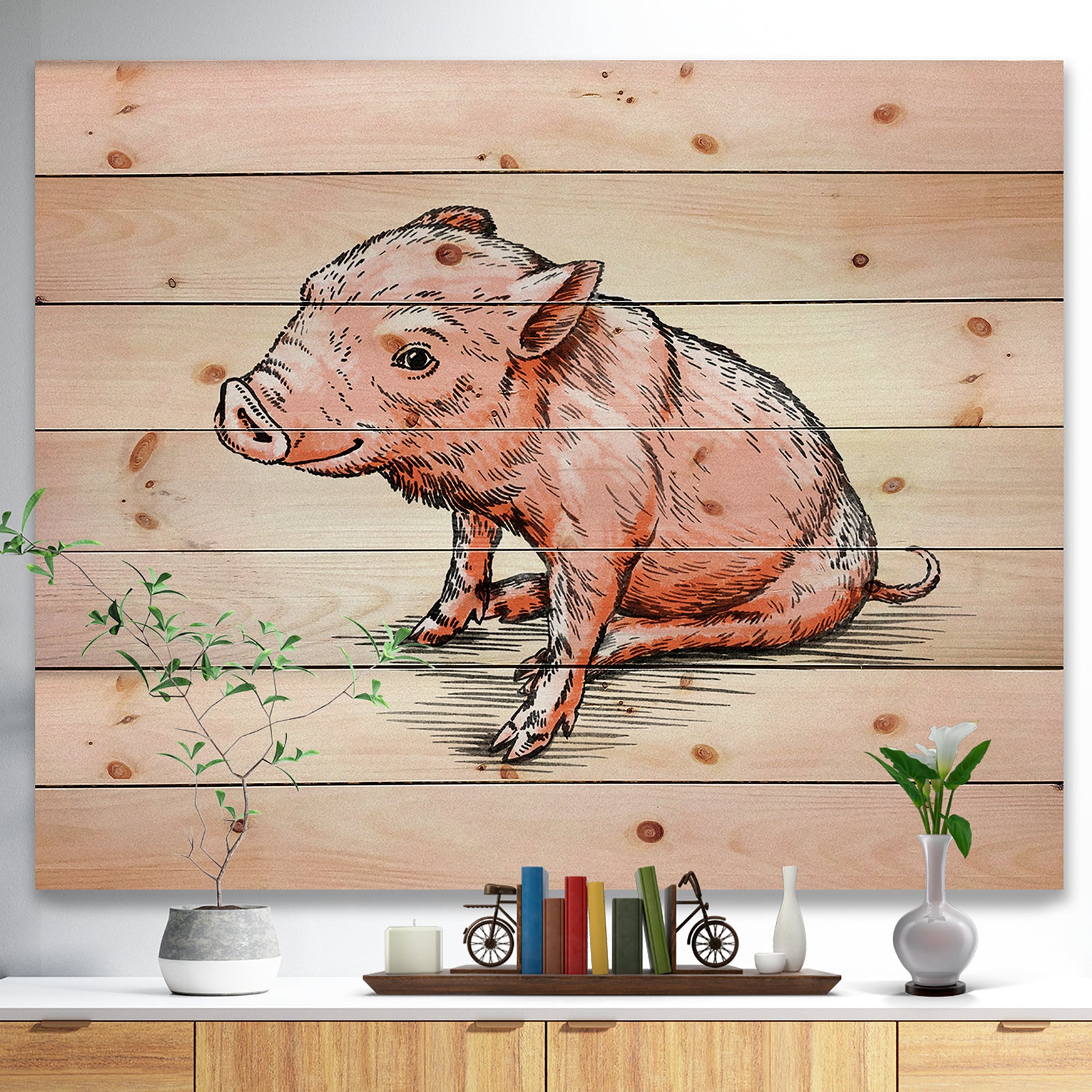 Smiling Pig in Brush Painting - Farmhouse Animal Painting Print on Natural Pine Wood