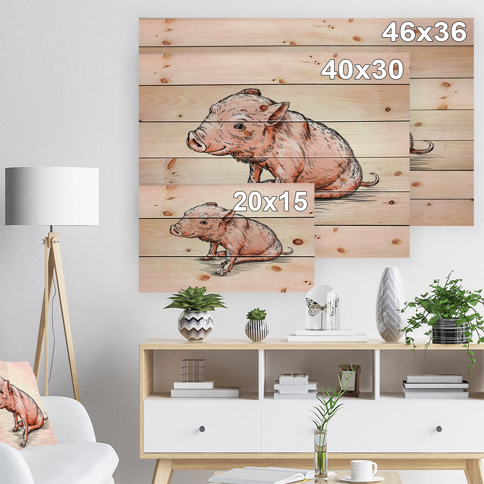 Smiling Pig in Brush Painting - Farmhouse Animal Painting Print on Natural Pine Wood