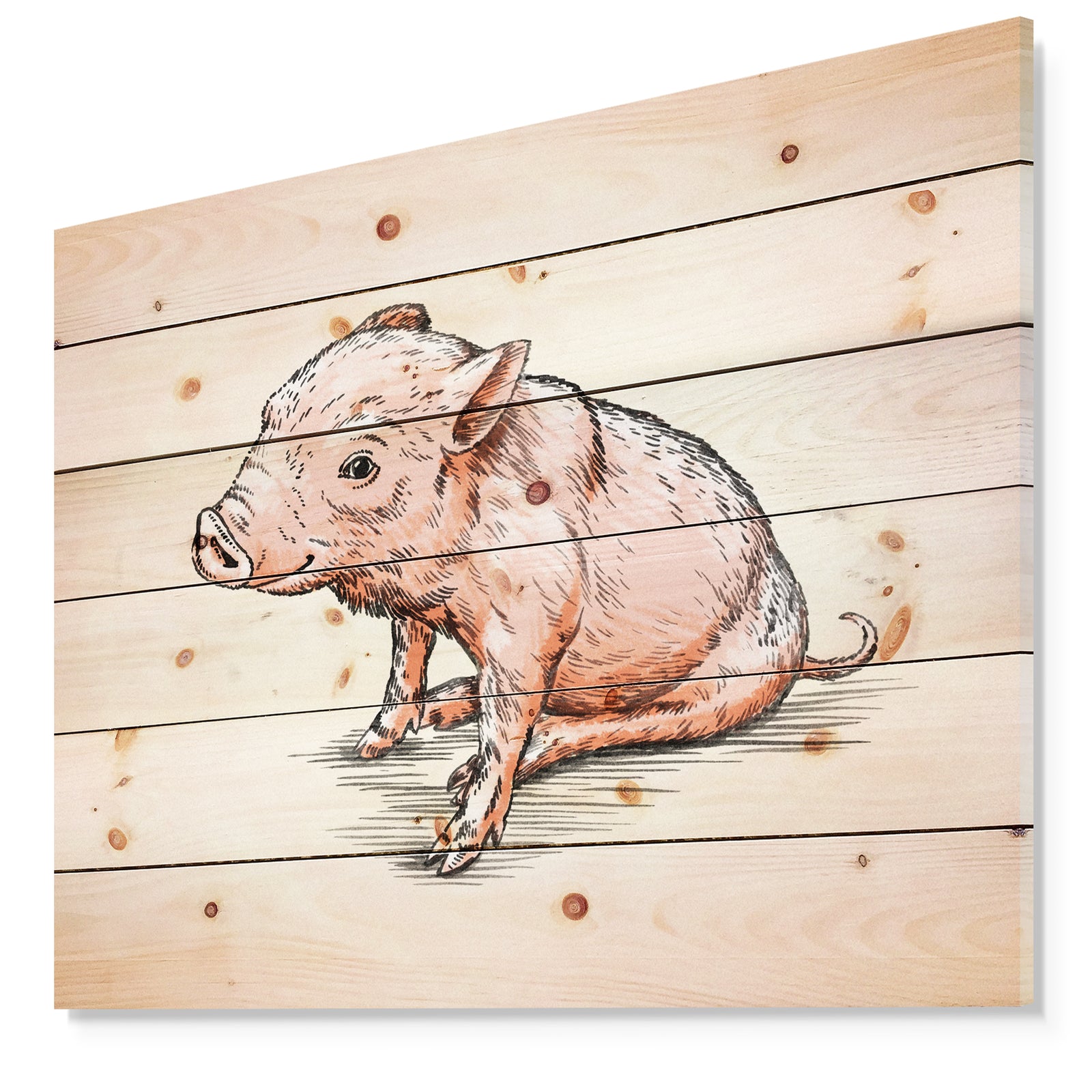 Smiling Pig in Brush Painting - Farmhouse Animal Painting Print on Natural Pine Wood