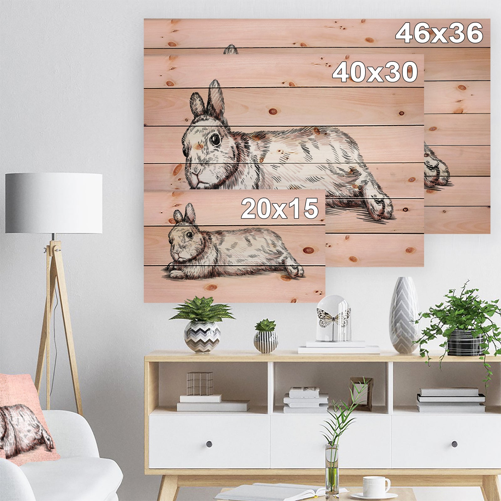 Brush painting ink draw isolated rabbit illustration - Farmhouse Animal Painting Print on Natural Pine Wood