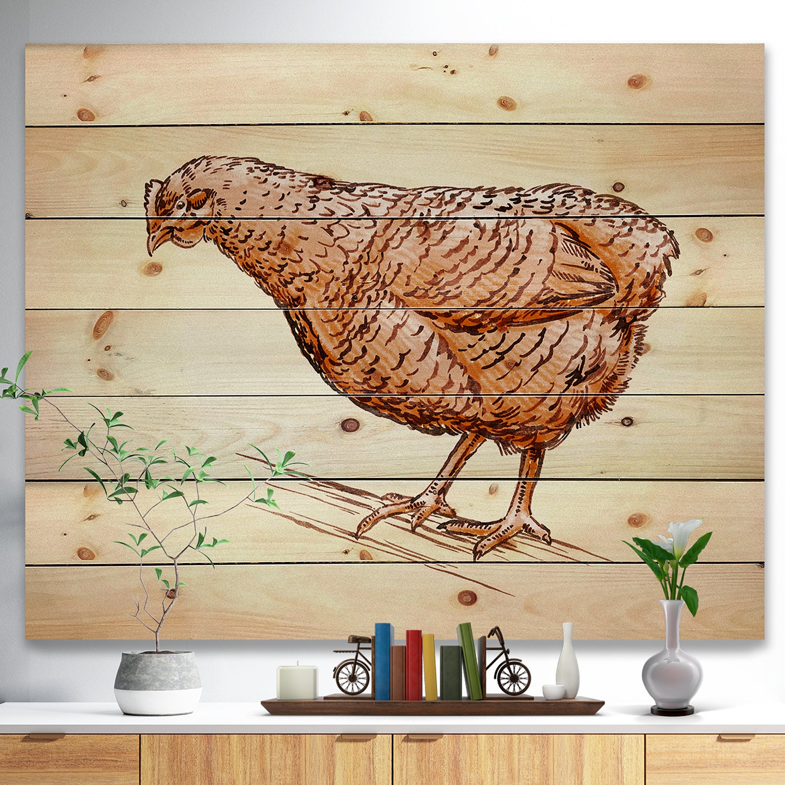 Mother Hen in Engrave Ink Draw - Farmhouse Animal Painting Print on Natural Pine Wood