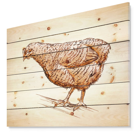 Mother Hen in Engrave Ink Draw - Farmhouse Animal Painting Print on Natural Pine Wood