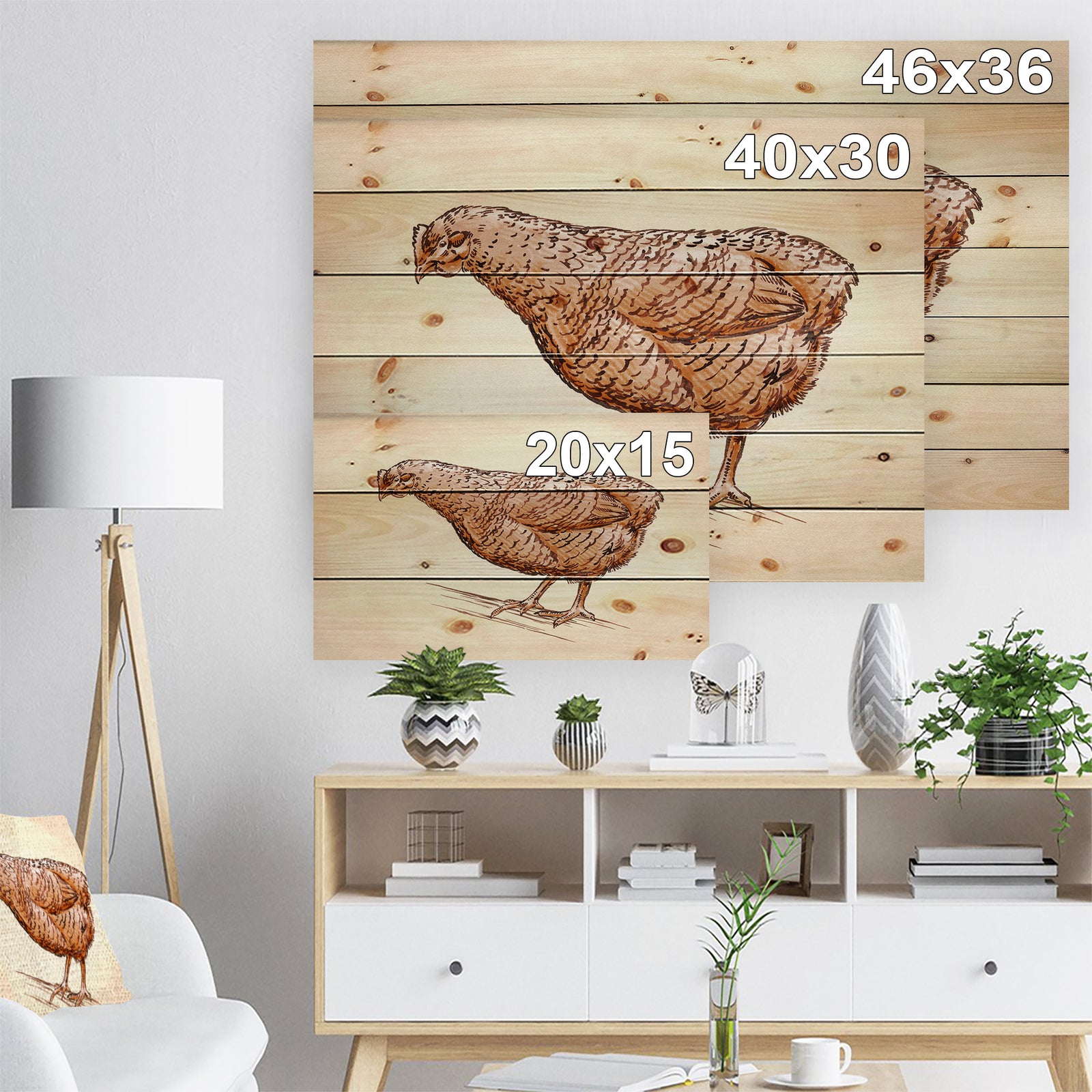 Mother Hen in Engrave Ink Draw - Farmhouse Animal Painting Print on Natural Pine Wood