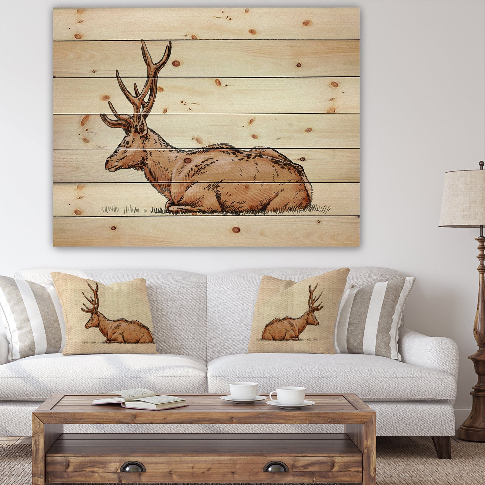 Brush painting ink draw deer illustration - Animals Painting Print on Natural Pine Wood