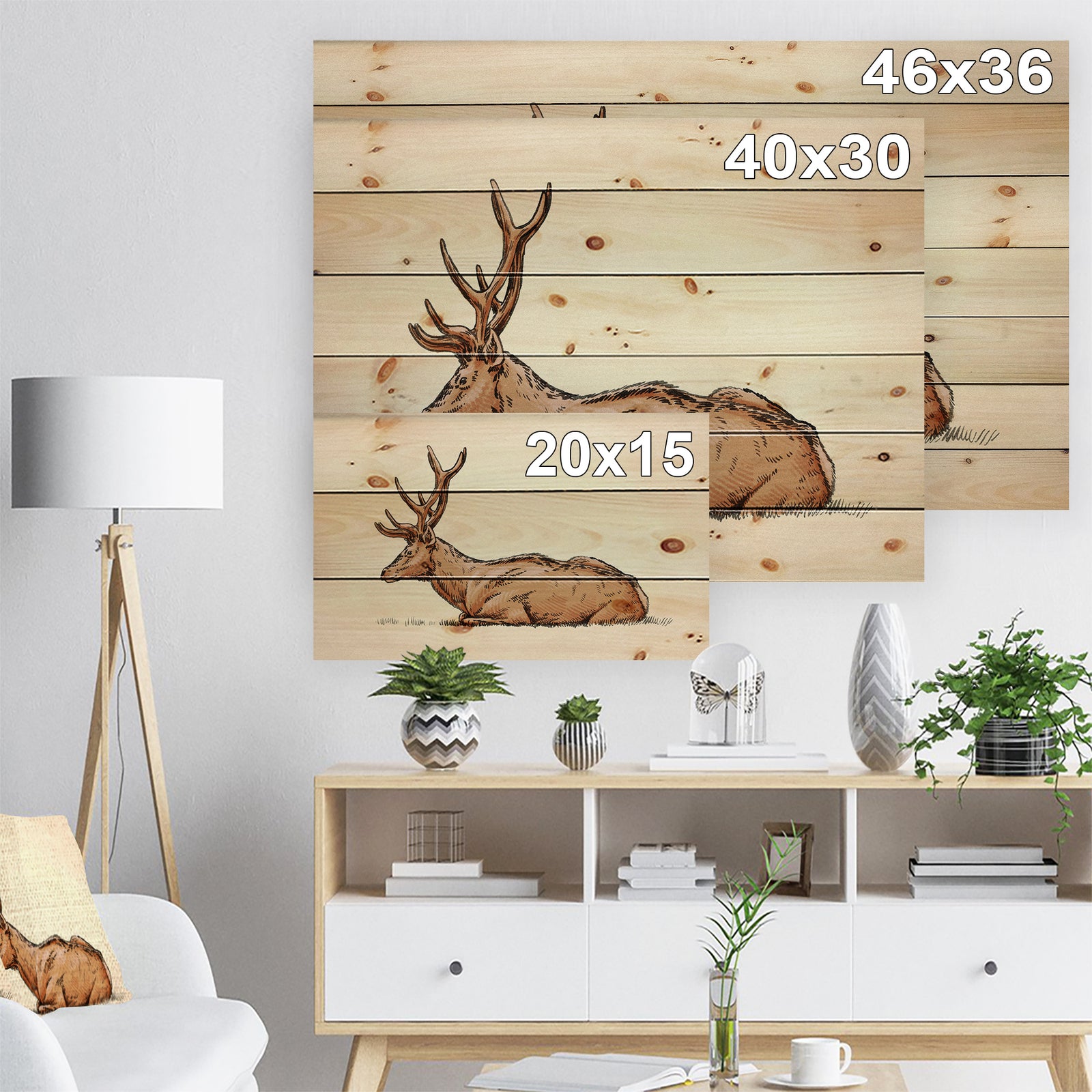 Brush painting ink draw deer illustration - Animals Painting Print on Natural Pine Wood
