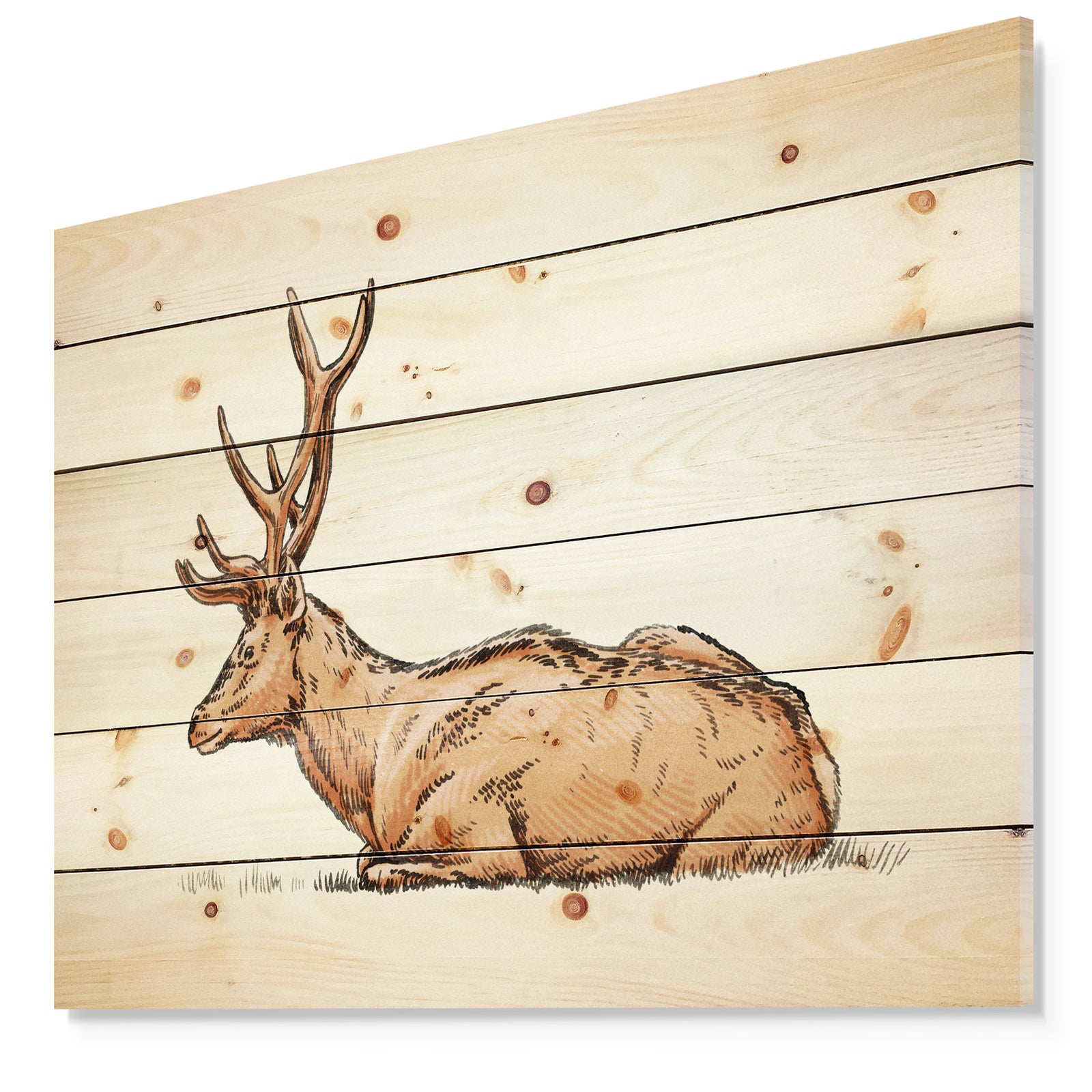 Brush painting ink draw deer illustration - Animals Painting Print on Natural Pine Wood