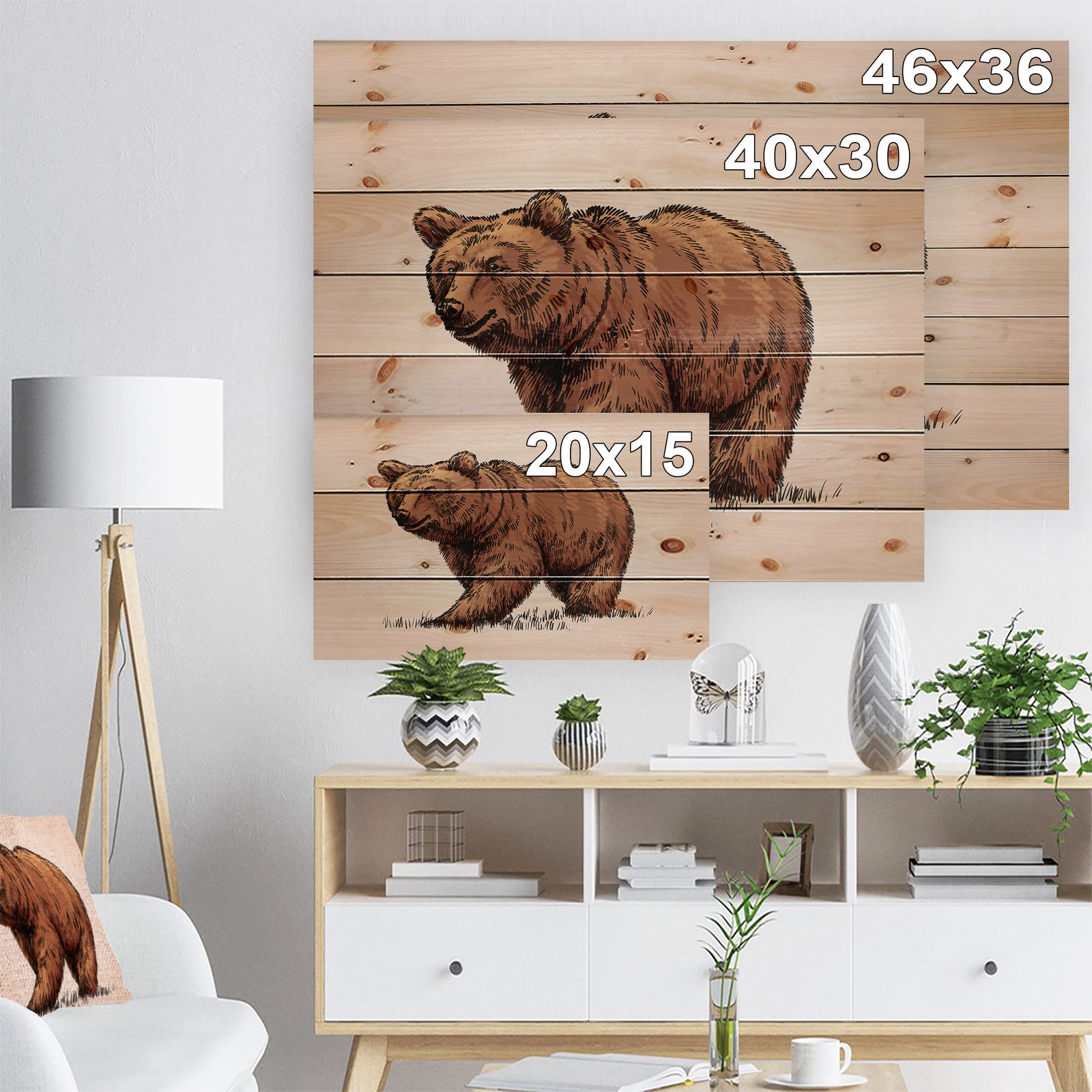 Color engrave isolated grizzly bear - Animals Painting Print on Natural Pine Wood
