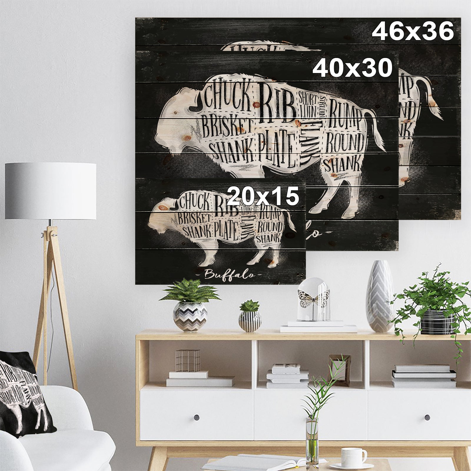 Buffalo cutting scheme chalk - Farmhouse Animal Painting Print on Natural Pine Wood