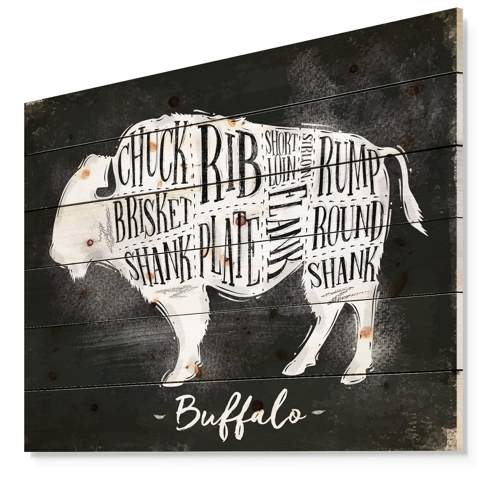 Buffalo cutting scheme chalk - Farmhouse Animal Painting Print on Natural Pine Wood