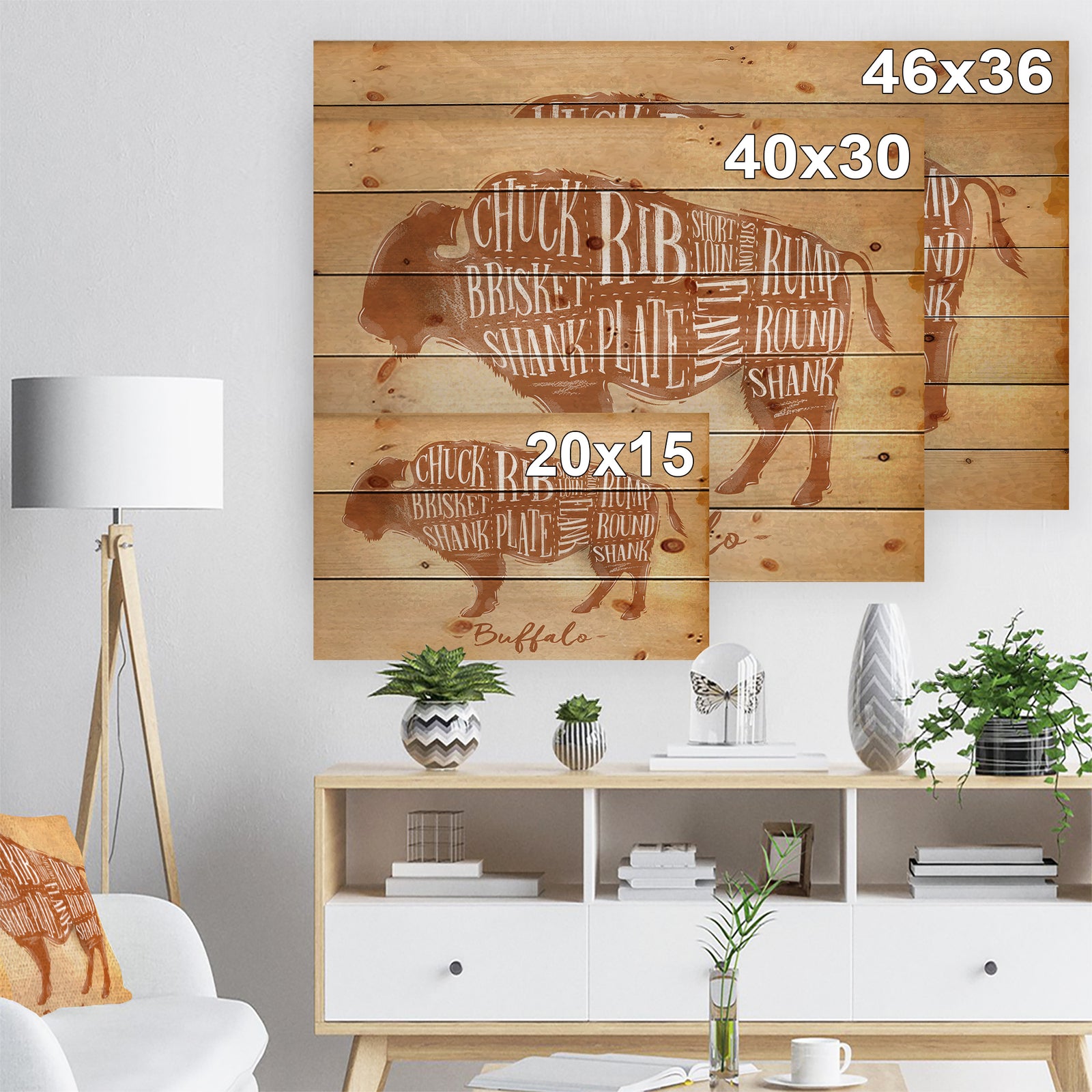 Buffalo cutting scheme craft - Farmhouse Animal Painting Print on Natural Pine Wood