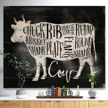 Beef cutting scheme chalk - Farmhouse Animal Painting Print on Natural Pine Wood