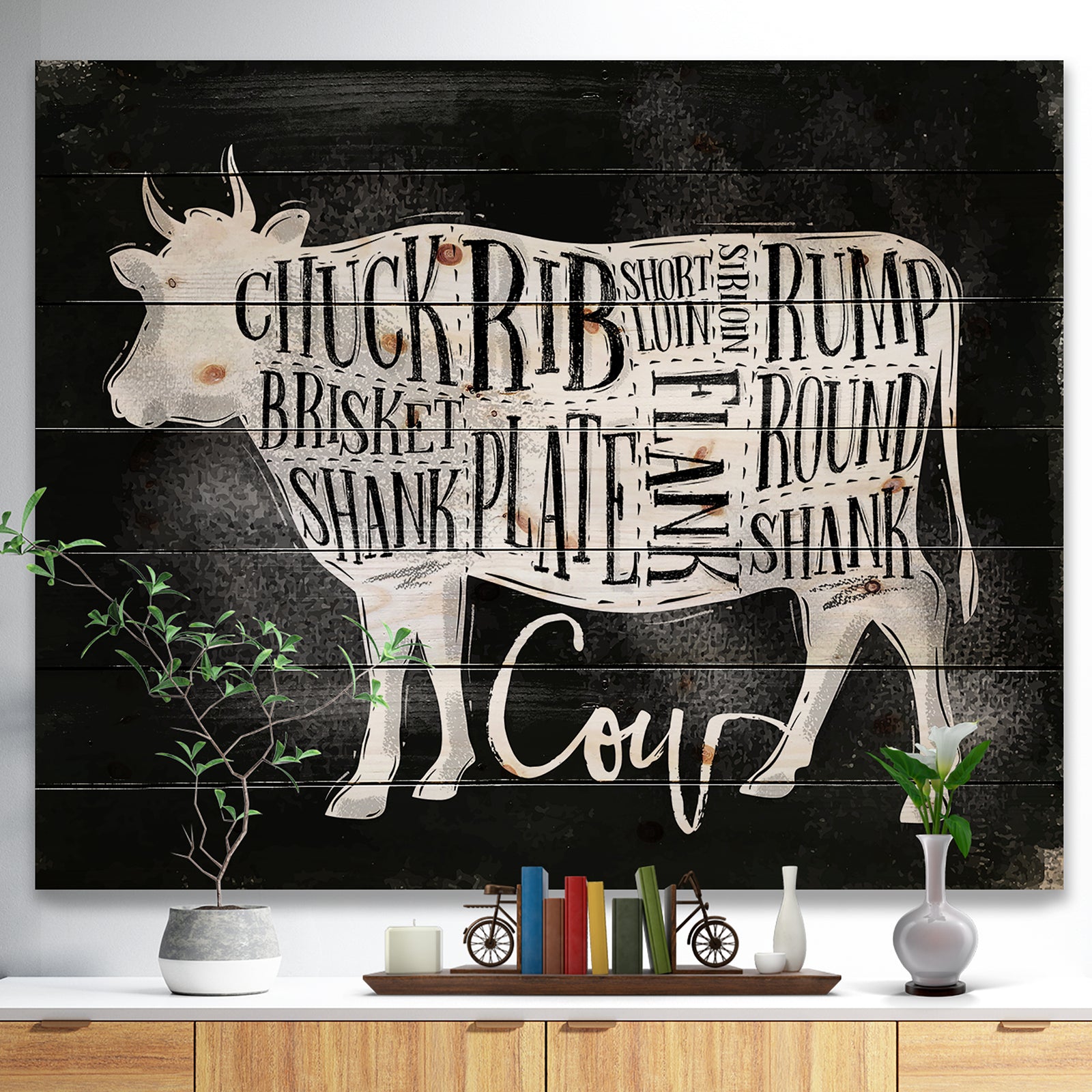 Beef cutting scheme chalk - Farmhouse Animal Painting Print on Natural Pine Wood