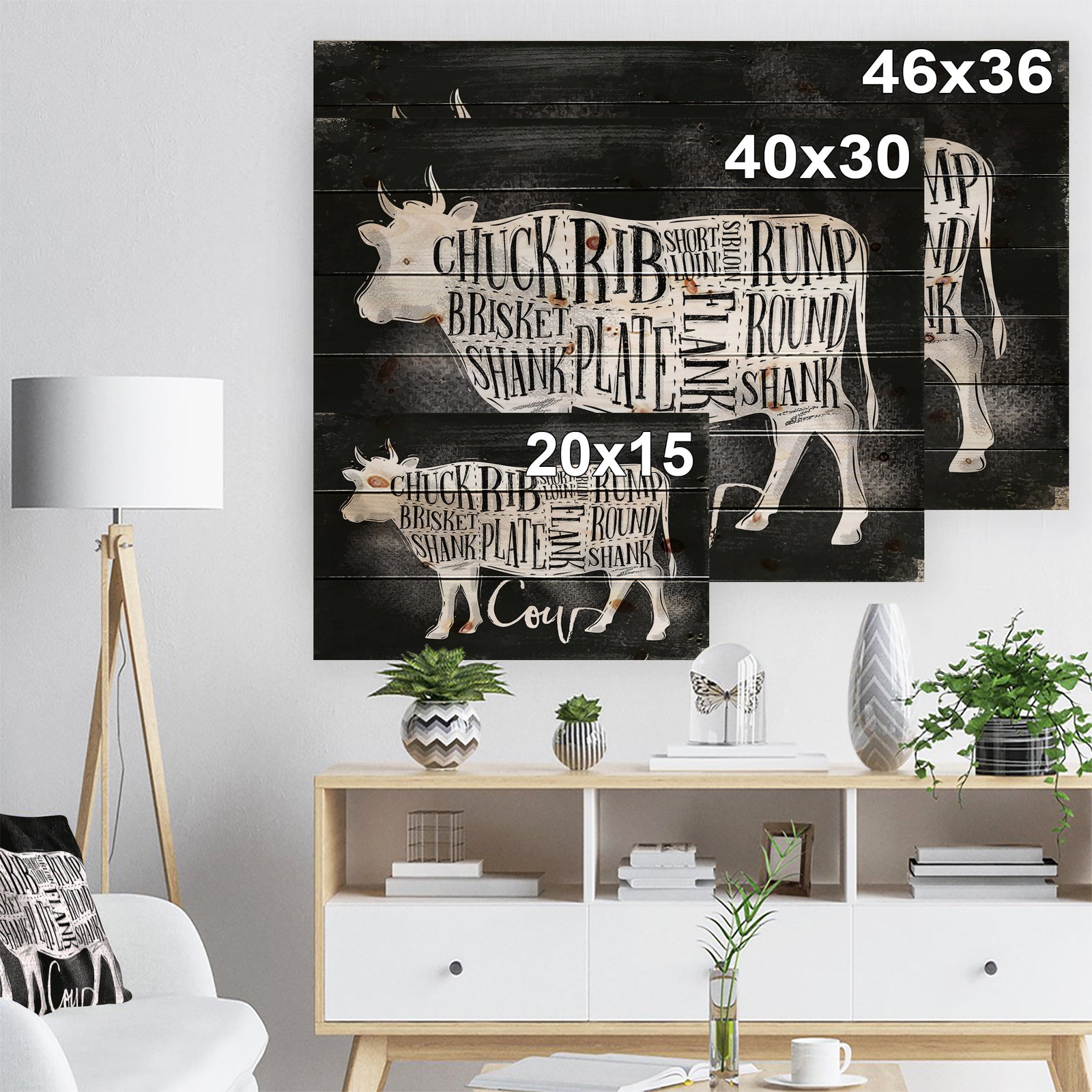 Beef cutting scheme chalk - Farmhouse Animal Painting Print on Natural Pine Wood