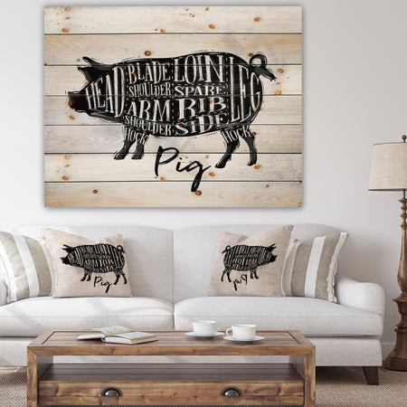 Pig pork cutting scheme - Farmhouse Animal Painting Print on Natural Pine Wood