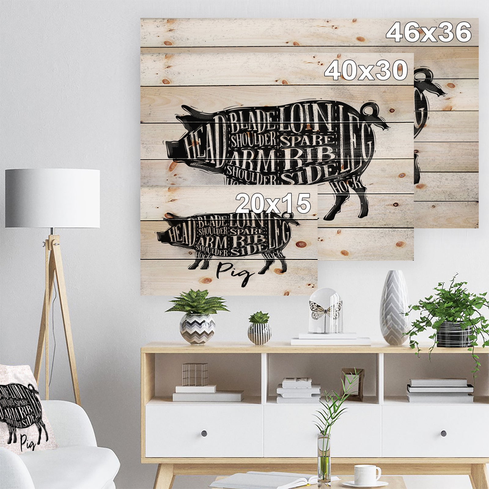 Pig pork cutting scheme - Farmhouse Animal Painting Print on Natural Pine Wood