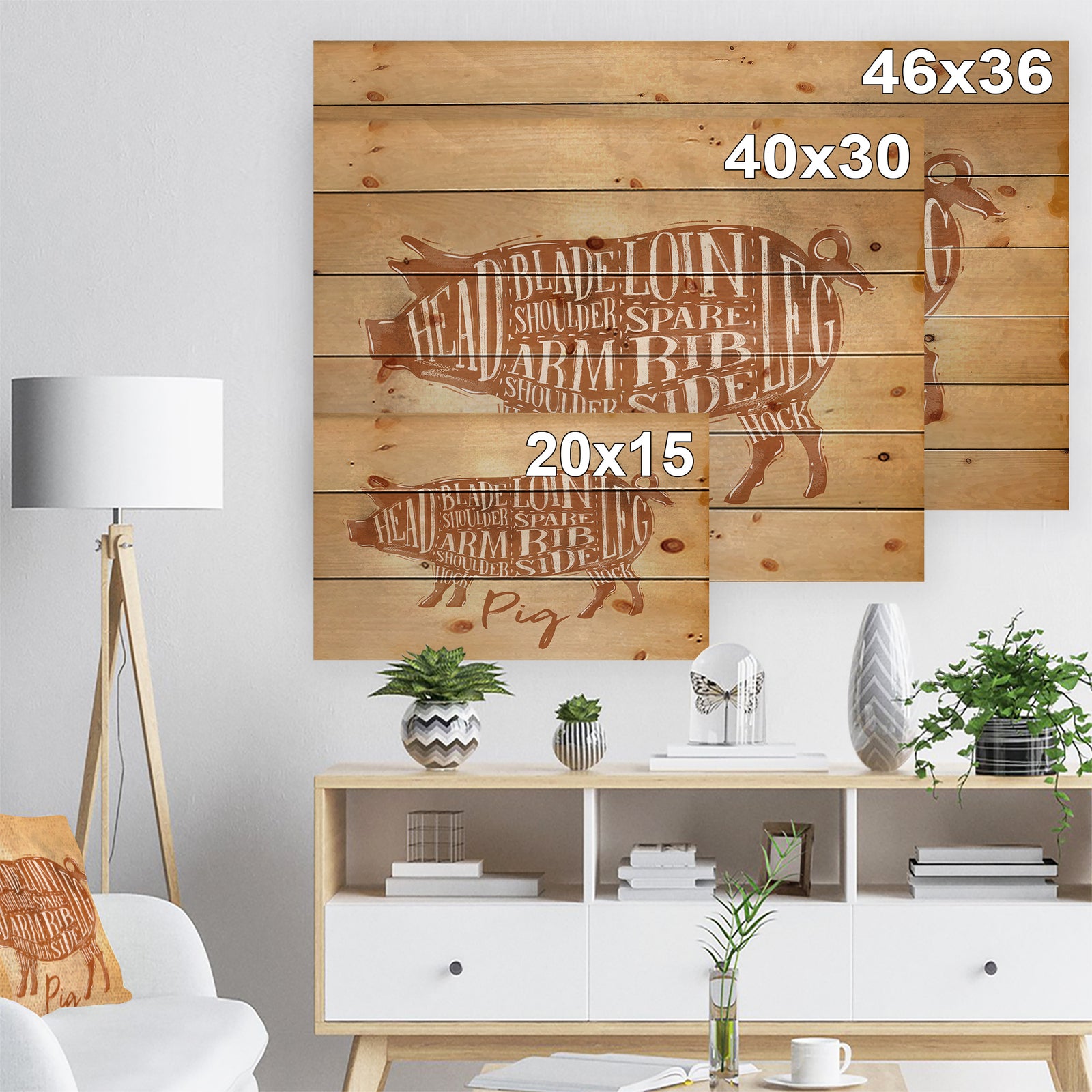 Pig pork cutting scheme craft - Farmhouse Animal Painting Print on Natural Pine Wood