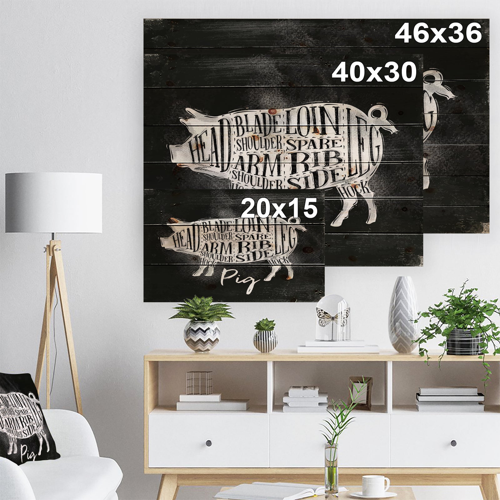 Pig pork cutting scheme chalk - Farmhouse Animal Painting Print on Natural Pine Wood