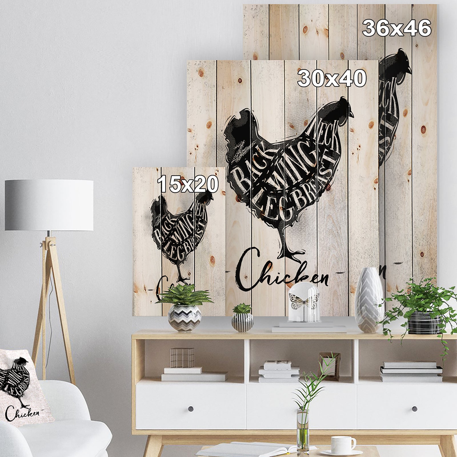 Chicken cutting scheme - Farmhouse Animal Painting Print on Natural Pine Wood